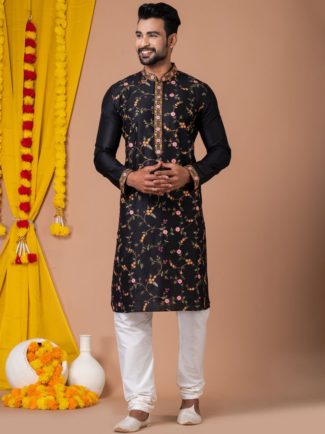 

HU - Handcrafted Uniquely Floral Embroidered Mandarin Collar Straight Kurta With Churidar, Black