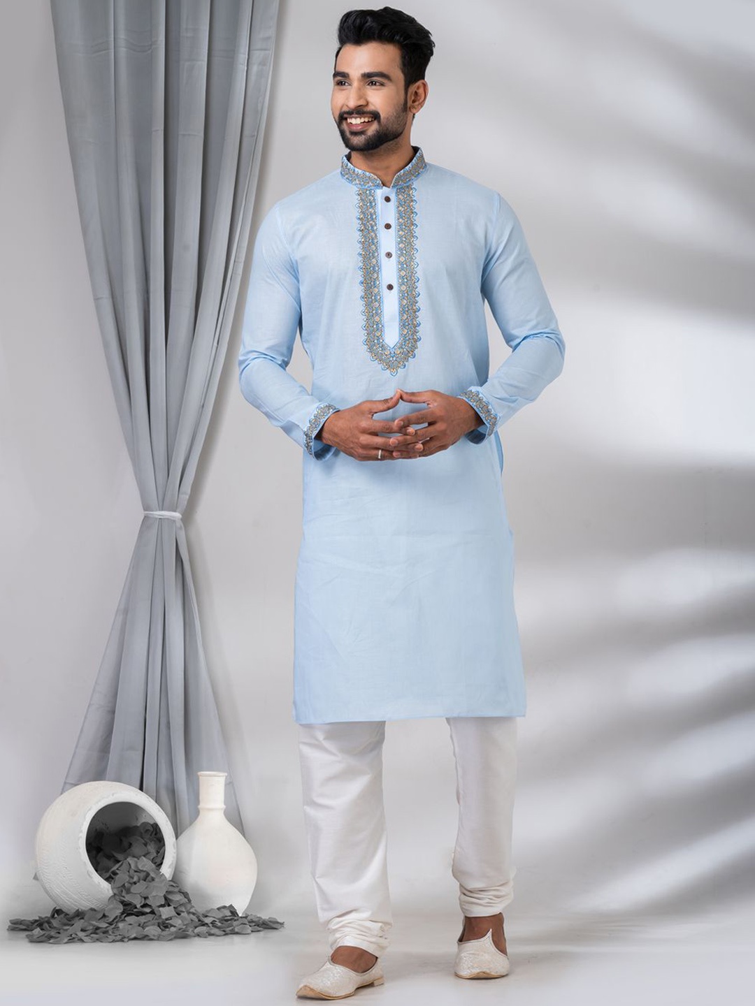 

HU - Handcrafted Uniquely Yoke Design Regular Pure Cotton Straight Kurta With Pyjamas, Blue