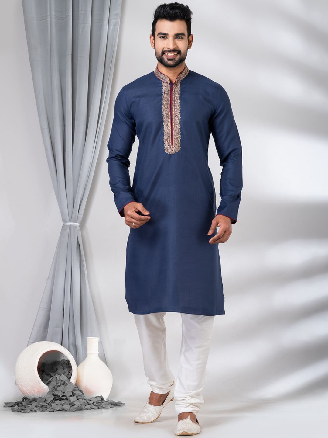 

HU - Handcrafted Uniquely Floral Yoke Design Thread Work Pure Cotton Kurta With Churidar, Navy blue