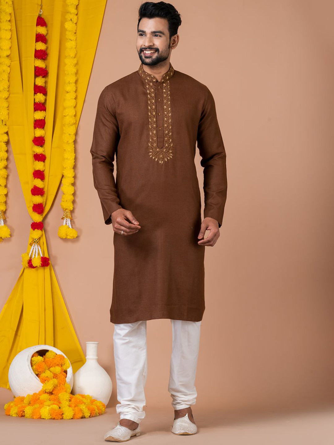 

HU - Handcrafted Uniquely Mandarin Collar Thread Work Pure Cotton Straight Kurta Set, Coffee brown