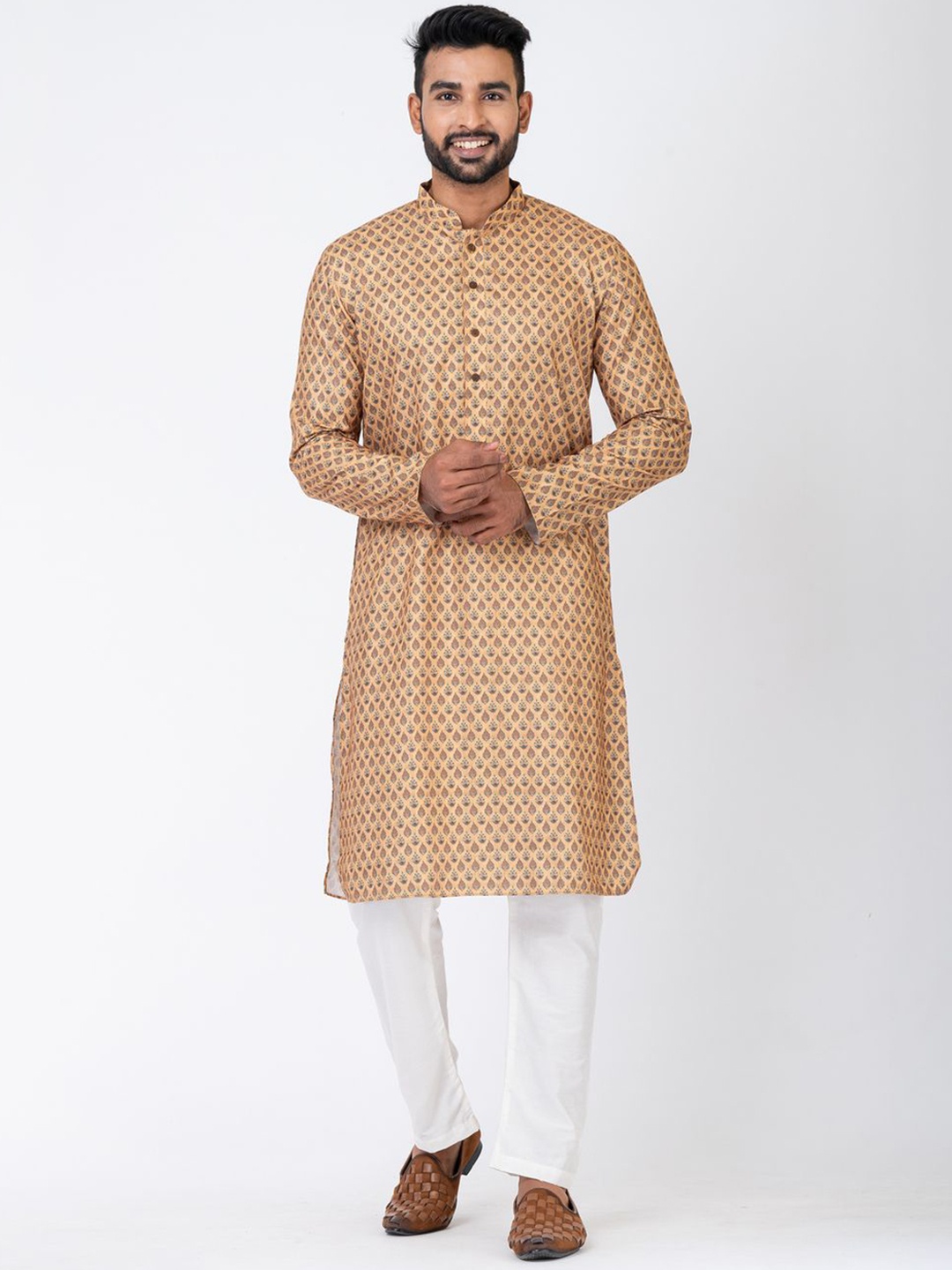 

HU - Handcrafted Uniquely Paisley Mandarin Collar Pure Cotton Straight Kurta & Pyjama, Mustard
