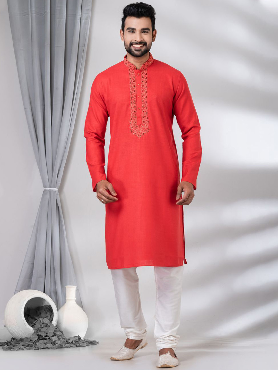

HU - Handcrafted Uniquely Floral Embroidered Mandarin Collar Straight Kurta with Pyjamas, Red