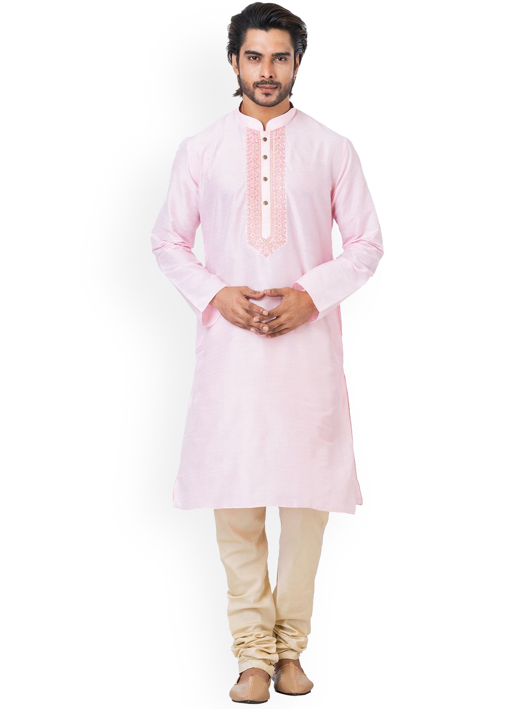 

HU - Handcrafted Uniquely Yoke Design Mandarin Collar Cotton Straight Kurta with Pyjamas, Pink