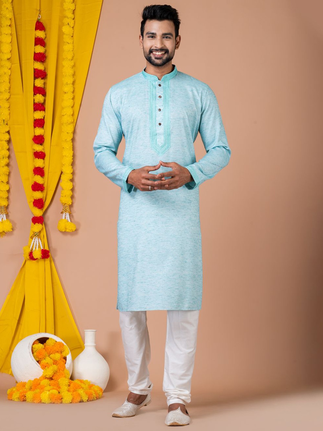 

HU - Handcrafted Uniquely Mandarin Collar Pure Cotton Dobby Straight Kurta & Churidar, Blue