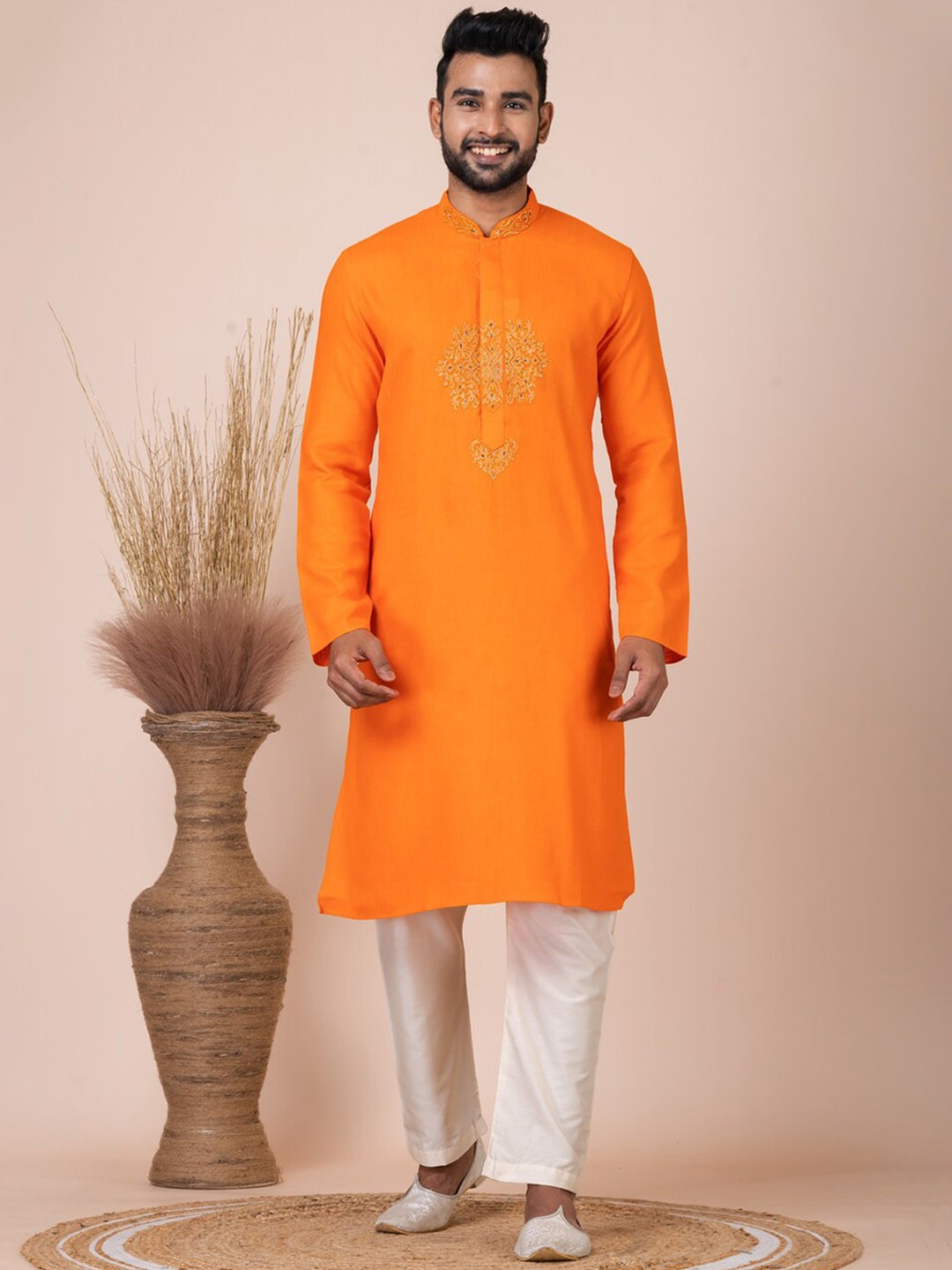 

HU - Handcrafted Uniquely Ethnic Motifs Mandarin Collar Cotton Straight Kurta & Pyjama, Orange