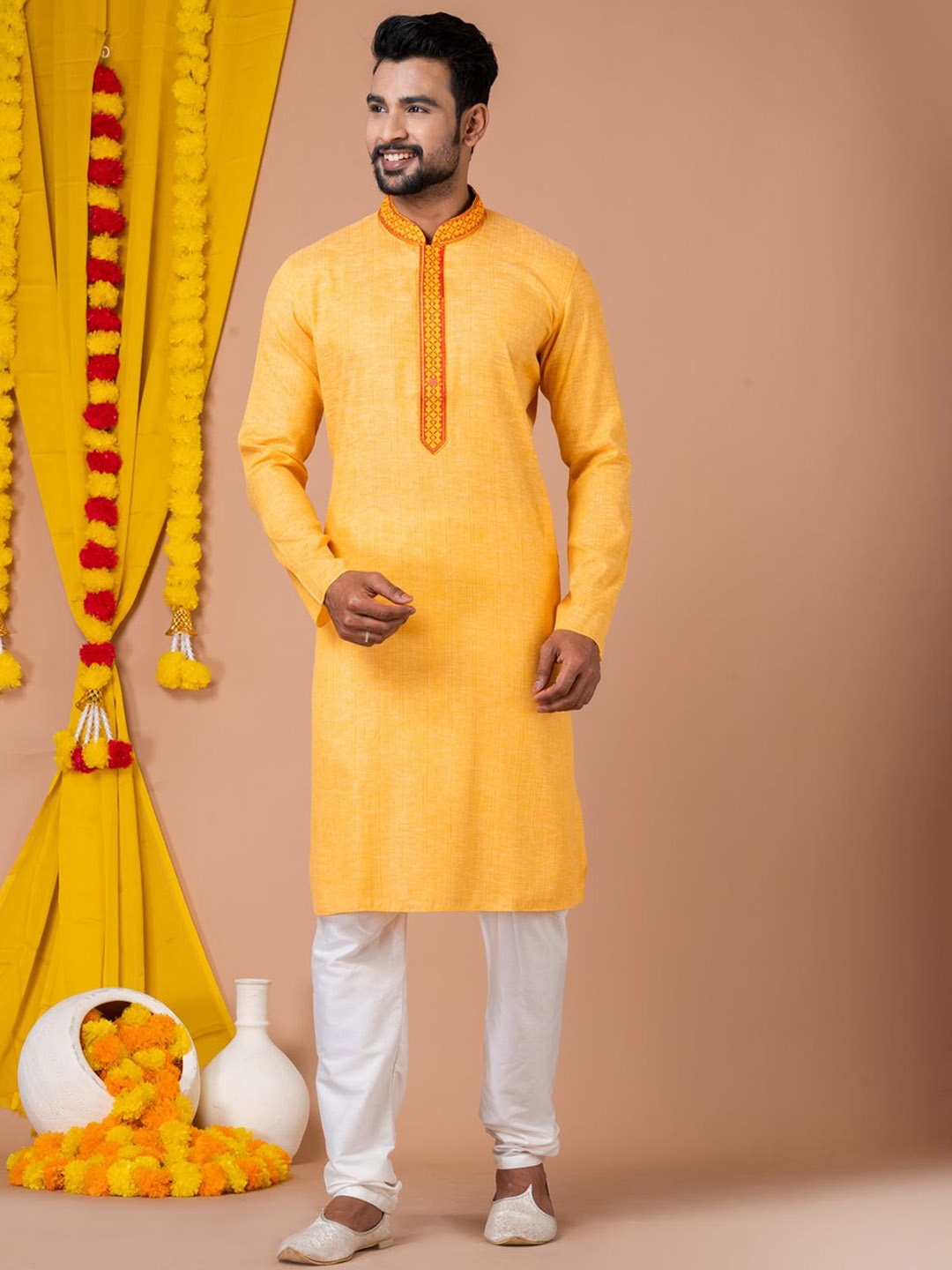 

HU - Handcrafted Uniquely Embroidered Thread Work Pure Cotton Kurta With Churidar, Mustard