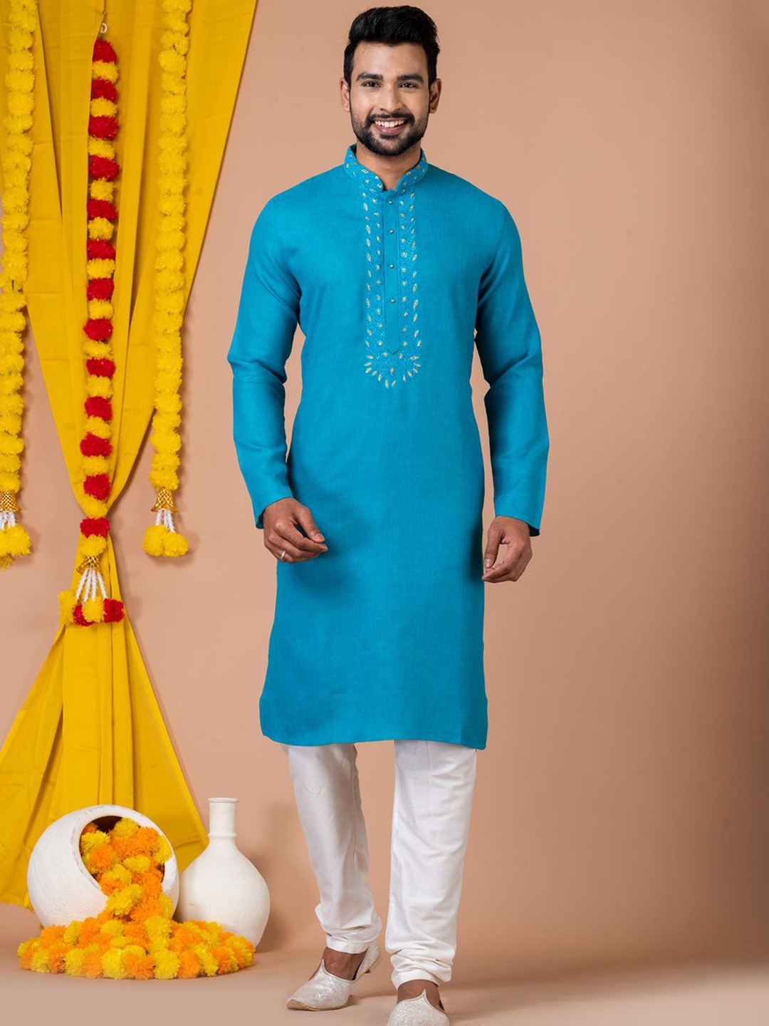 

HU - Handcrafted Uniquely Floral Mandarin Collar Pure Cotton Straight Kurta & Churidar, Turquoise blue