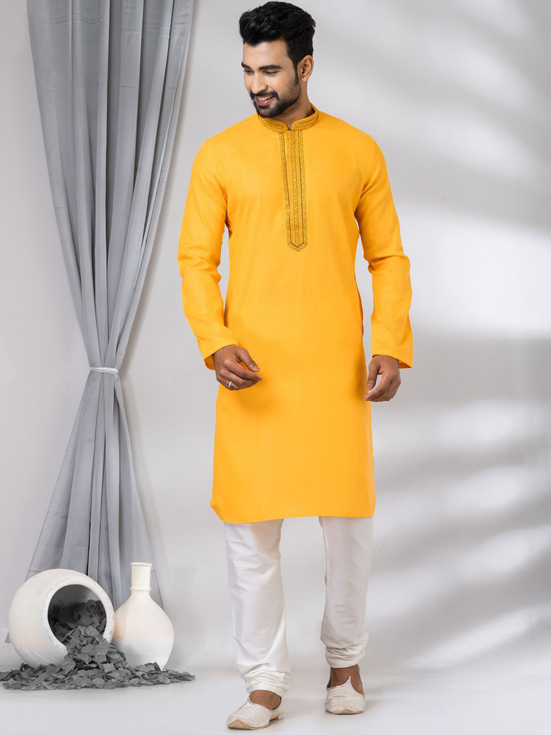 

HU - Handcrafted Uniquely Floral Yoke Design Thread Work Pure Cotton Kurta with Pyjamas, Yellow