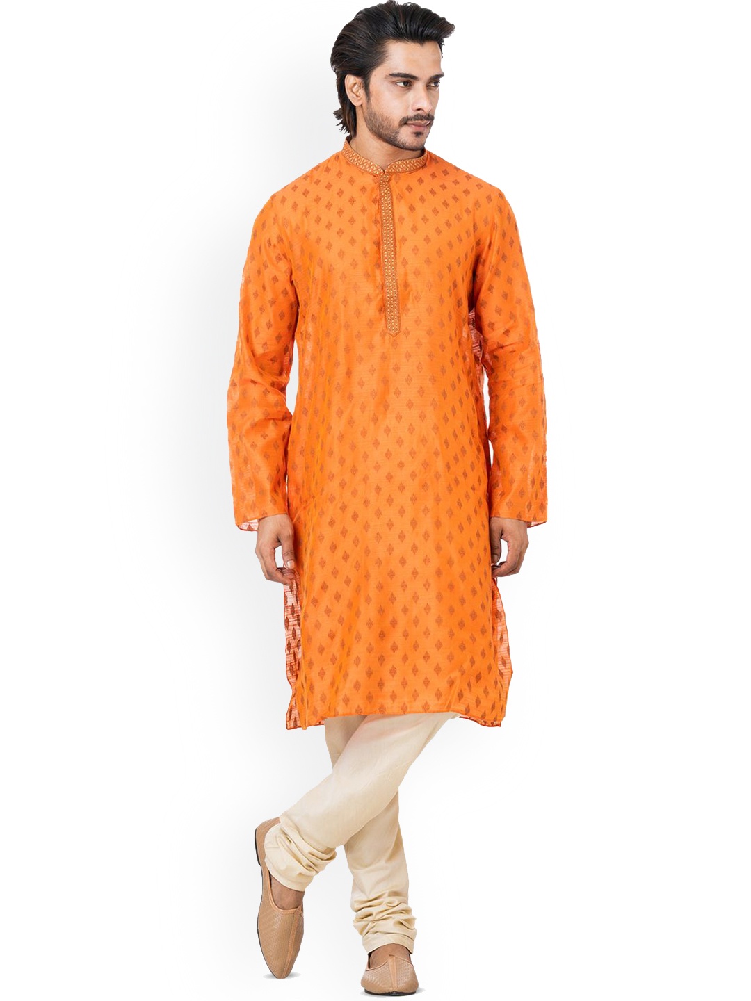 

HU - Handcrafted Uniquely Ethnic Motifs Printed Dupion Silk Straight Kurta With Churidar, Orange