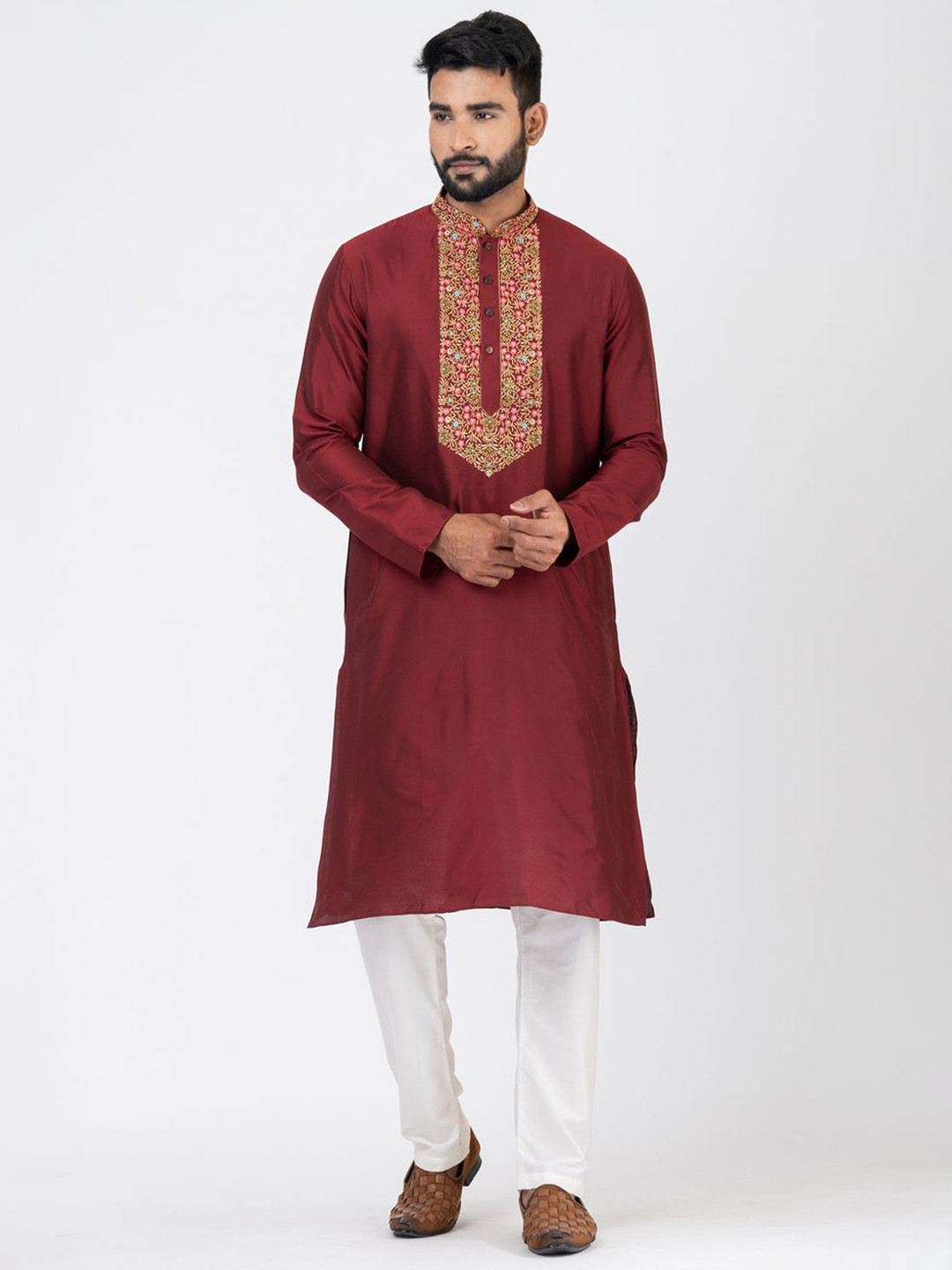 

HU - Handcrafted Uniquely Floral Embroided Yoke Design Straight Kurta with Pyjamas, Maroon