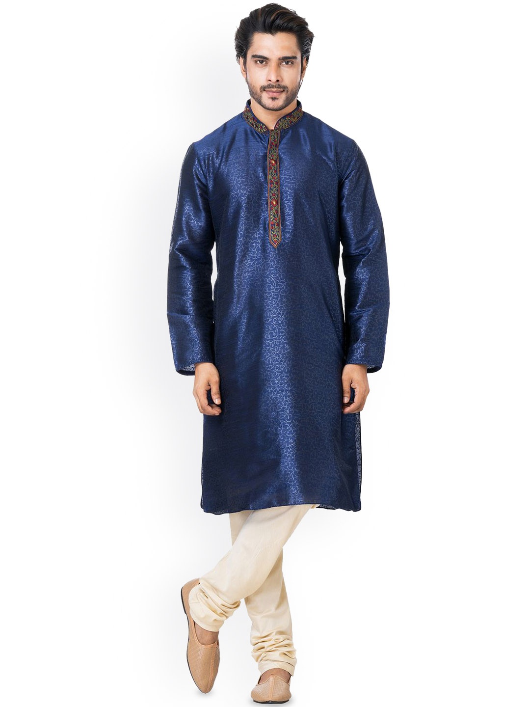 

HU - Handcrafted Uniquely Floral Printed Regular Thread Work Dupion Silk Kurta & Pyjamas, Navy blue