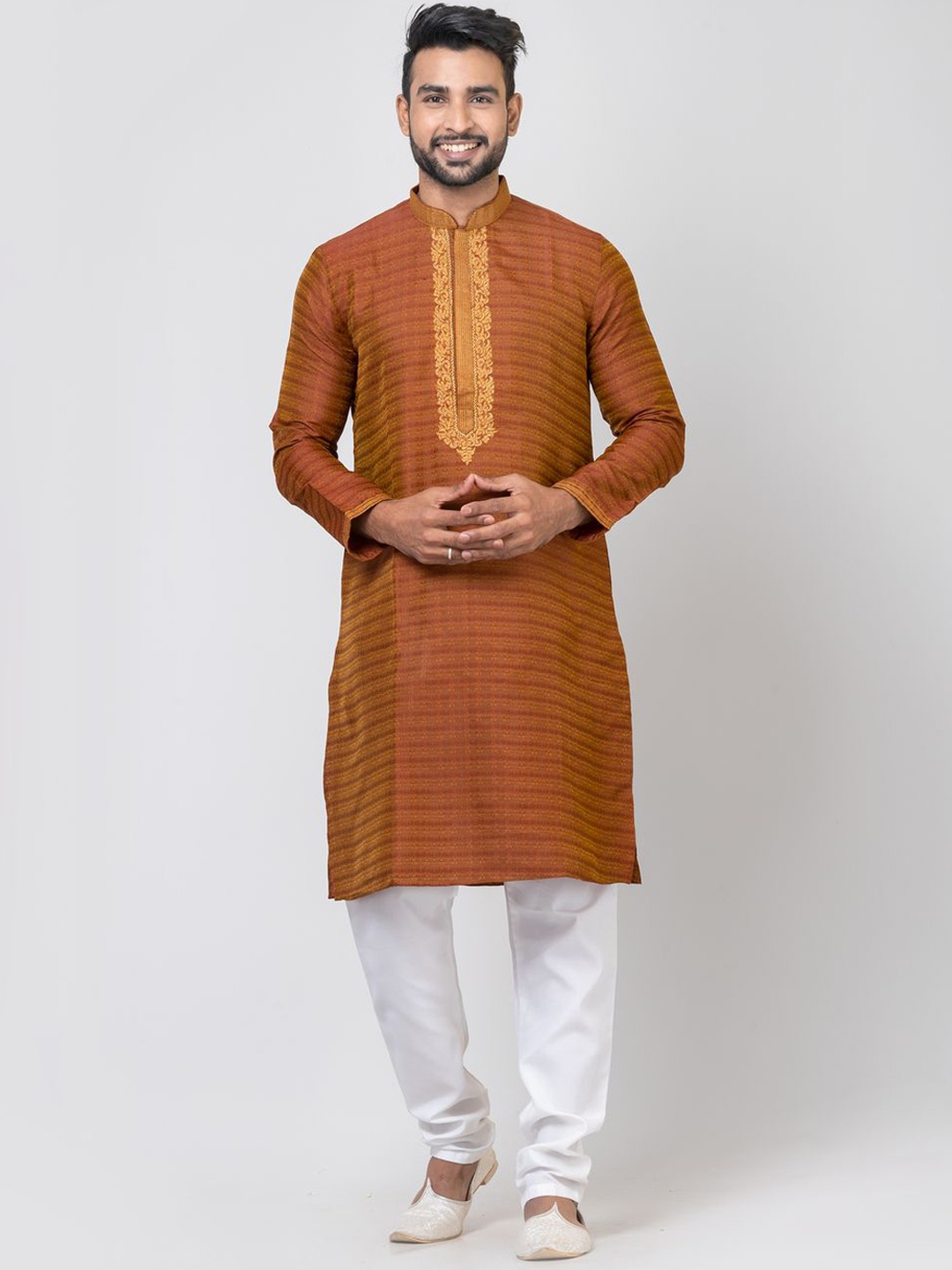 

HU - Handcrafted Uniquely Floral Embroidered Mandarin Collar Straight Kurta with Pyjamas, Coffee brown