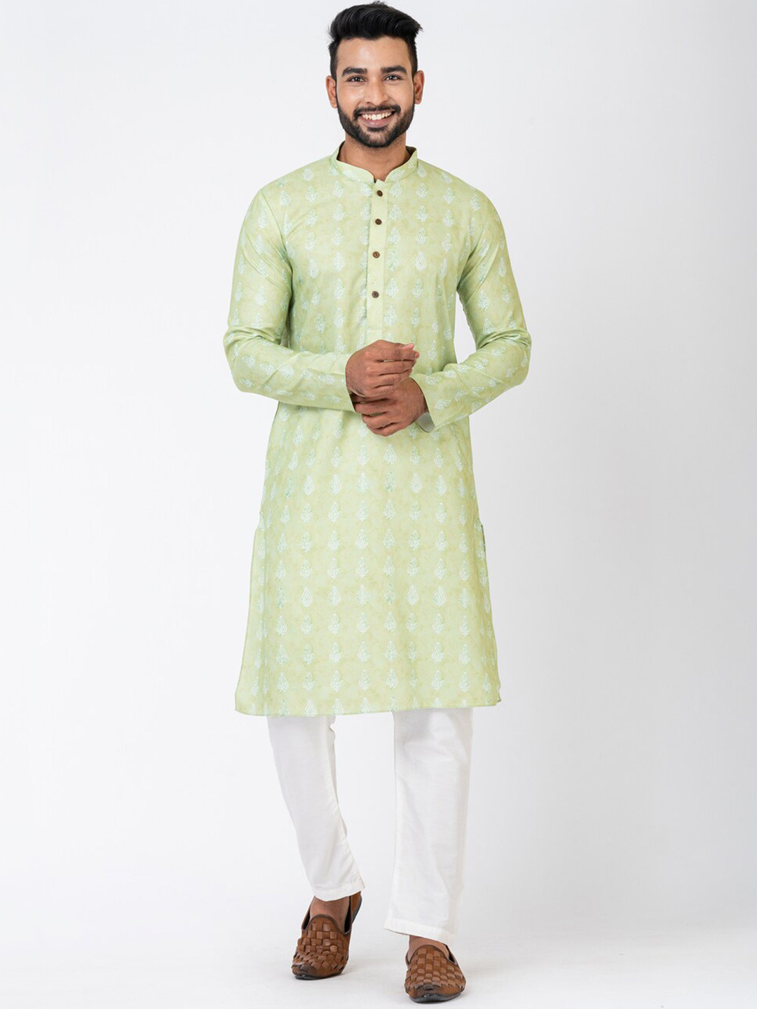 

HU - Handcrafted Uniquely Paisley Mandarin Collar Pure Cotton Straight Kurta With Pyjama, Sea green