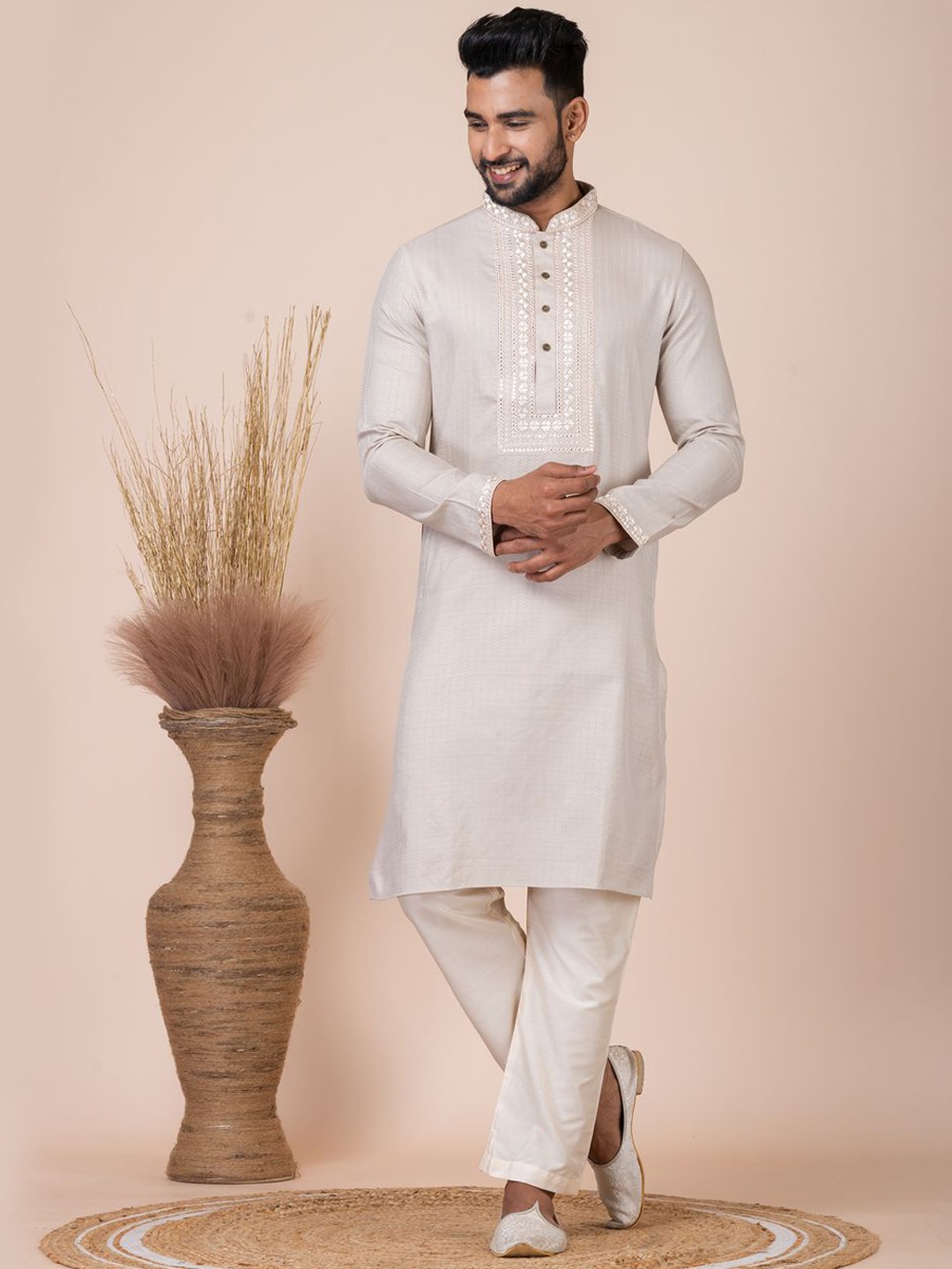 

HU - Handcrafted Uniquely Ethnic Motifs Embroidered Yoke Design Straight Kurta & Pyjamas, Cream
