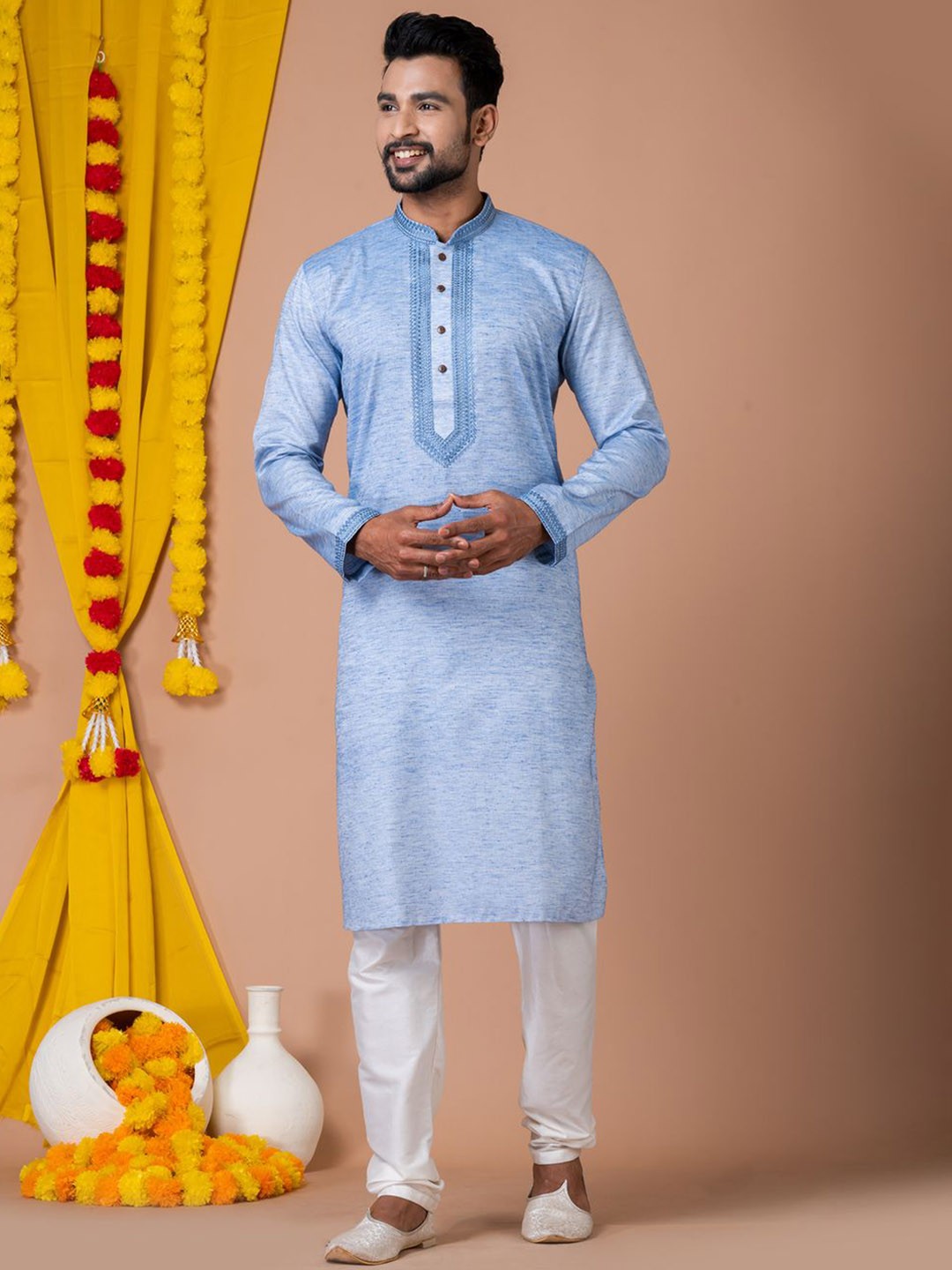 

HU - Handcrafted Uniquely Thread Work Regular Pure Cotton Straight Kurta With Churidar, Blue