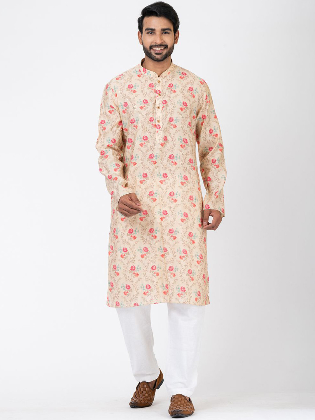 

HU - Handcrafted Uniquely Floral Printed Chanderi Cotton Straight Kurta With Pyjamas, Beige