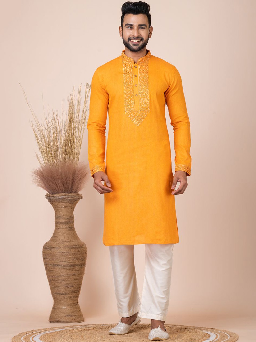 

HU - Handcrafted Uniquely Floral Embroidered Thread Work Pure Cotton Kurta With Pyjamas, Mustard