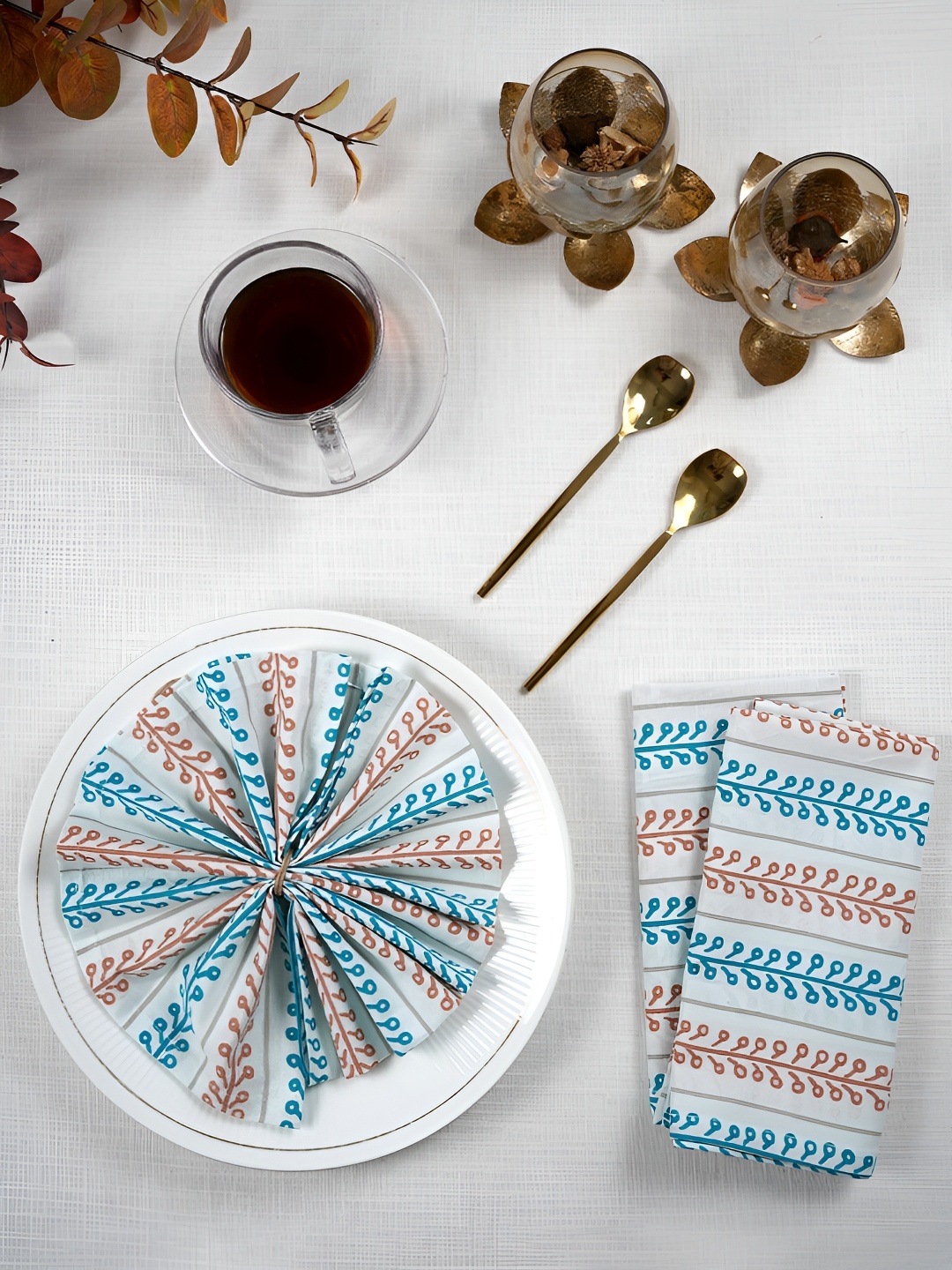 

TARAN LIVING White & Teal Blue 6 Pieces Printed Cotton Table Napkins