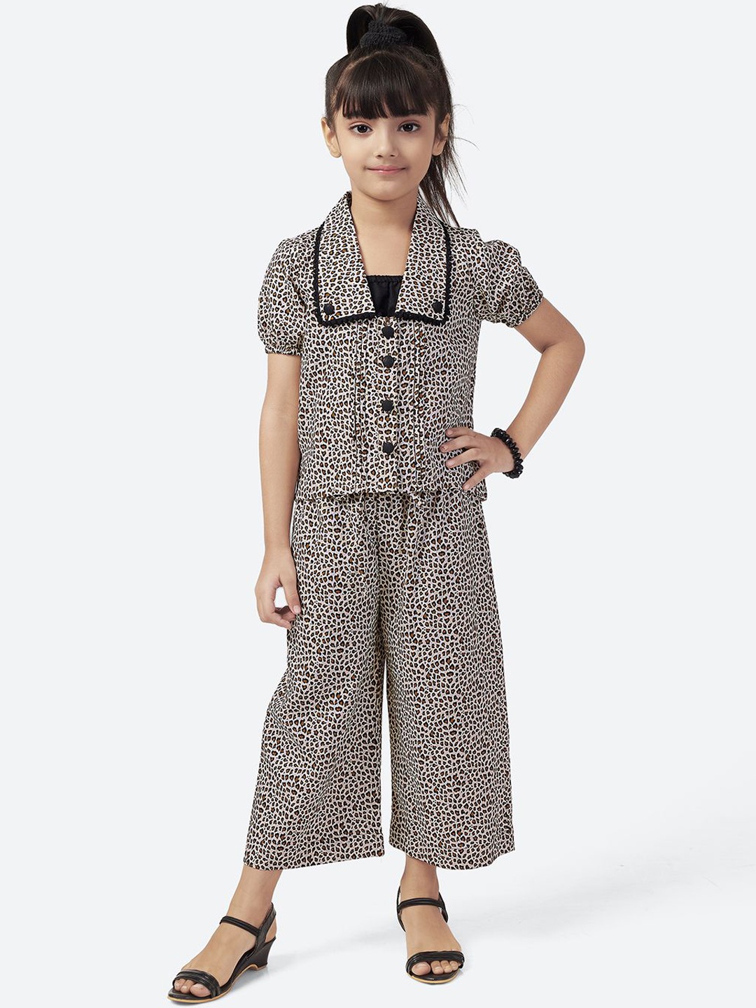 

BAESD Girls Printed Shirt Collar Top With Trousers, Beige