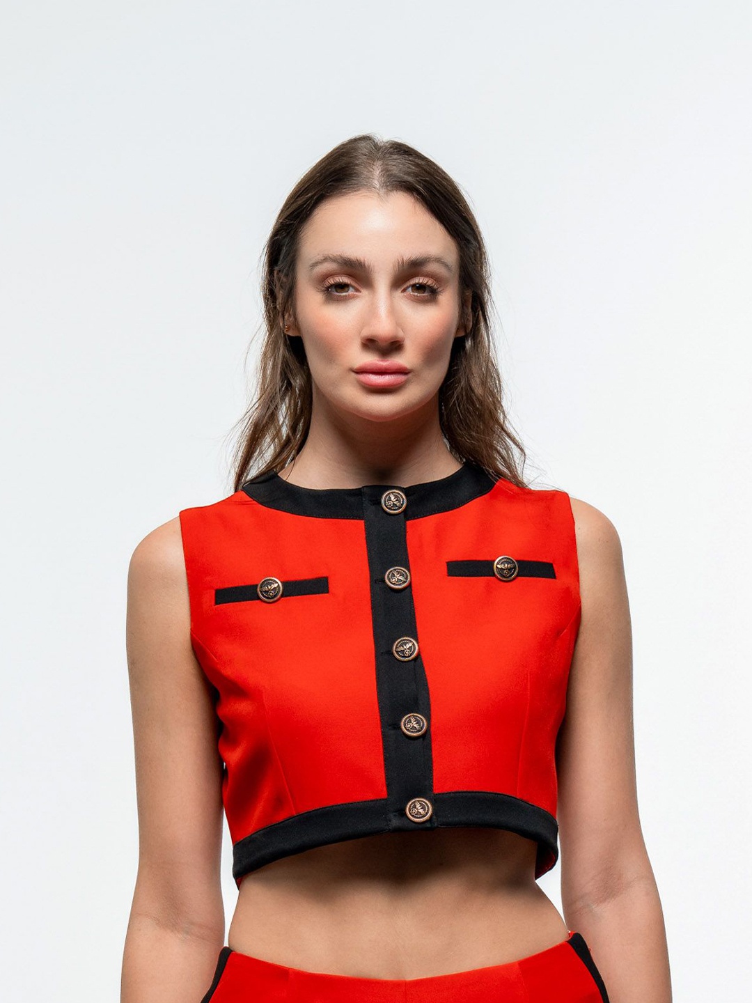

SOTBELLA Solid Round Neck Sleeveless Crop Top, Red