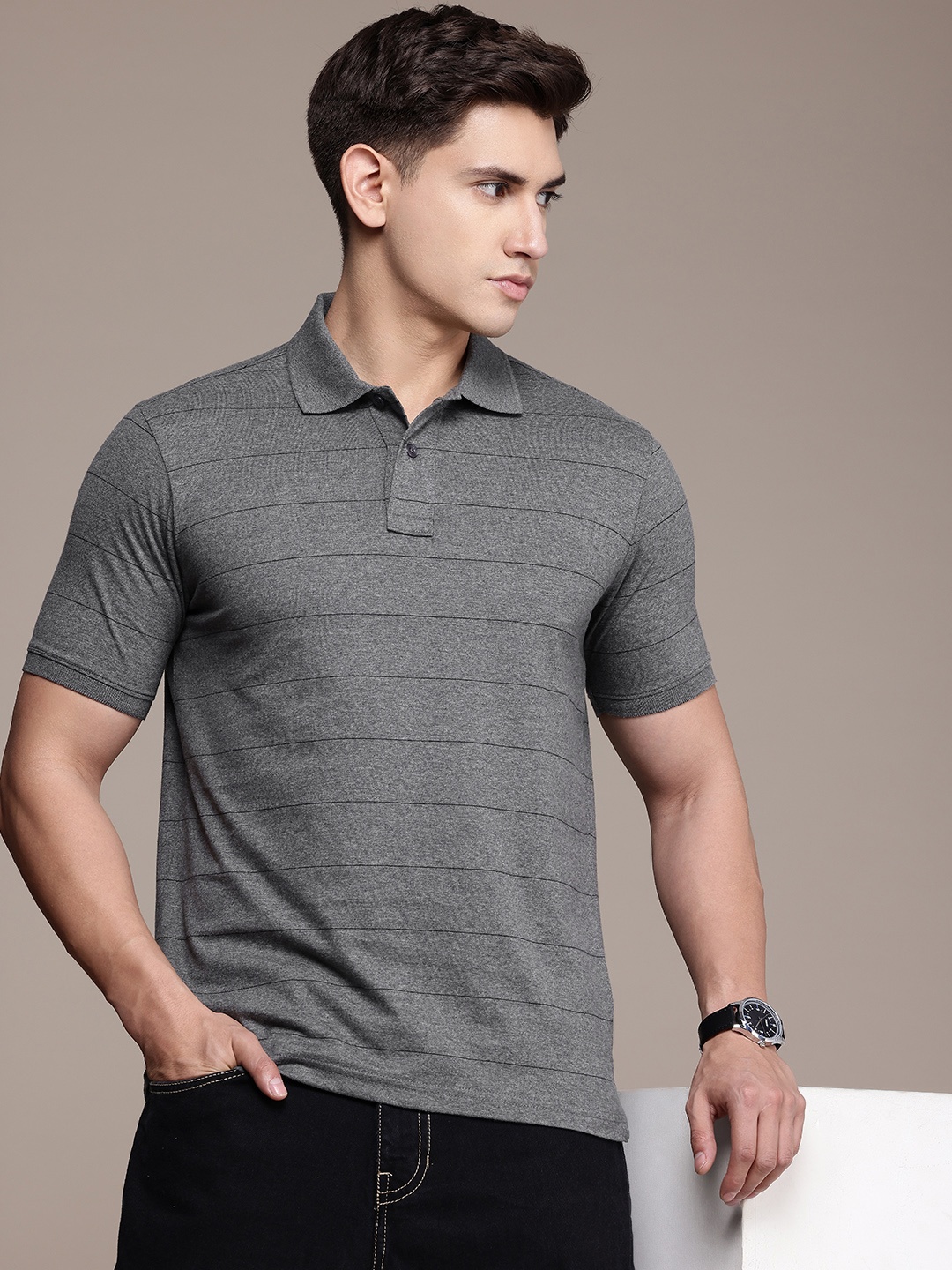 

Burnt Umber Men Striped Polo Collar T-shirt, Grey melange
