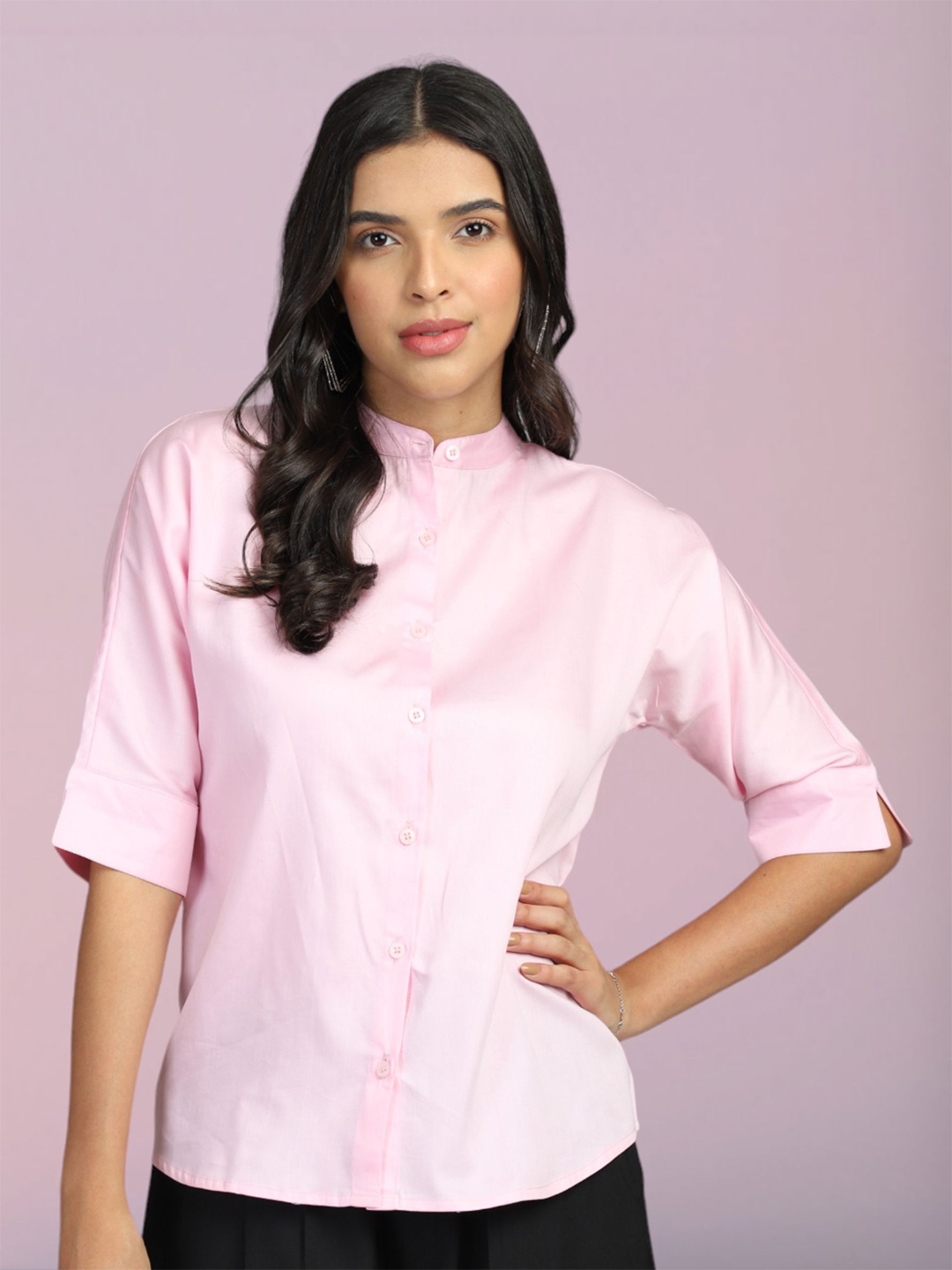 

FITHUB Women Solid Band Collar Cotton Casual Shirt, Pink