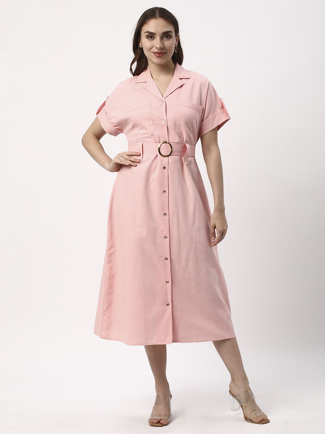 

R&B Roll-Up Sleeve Shirt Midi Dress, Beige