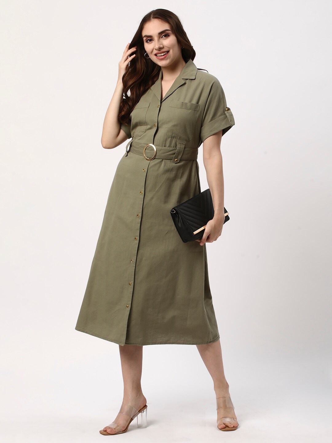 

R&B Roll-Up Sleeves Shirt Midi Dress, Olive