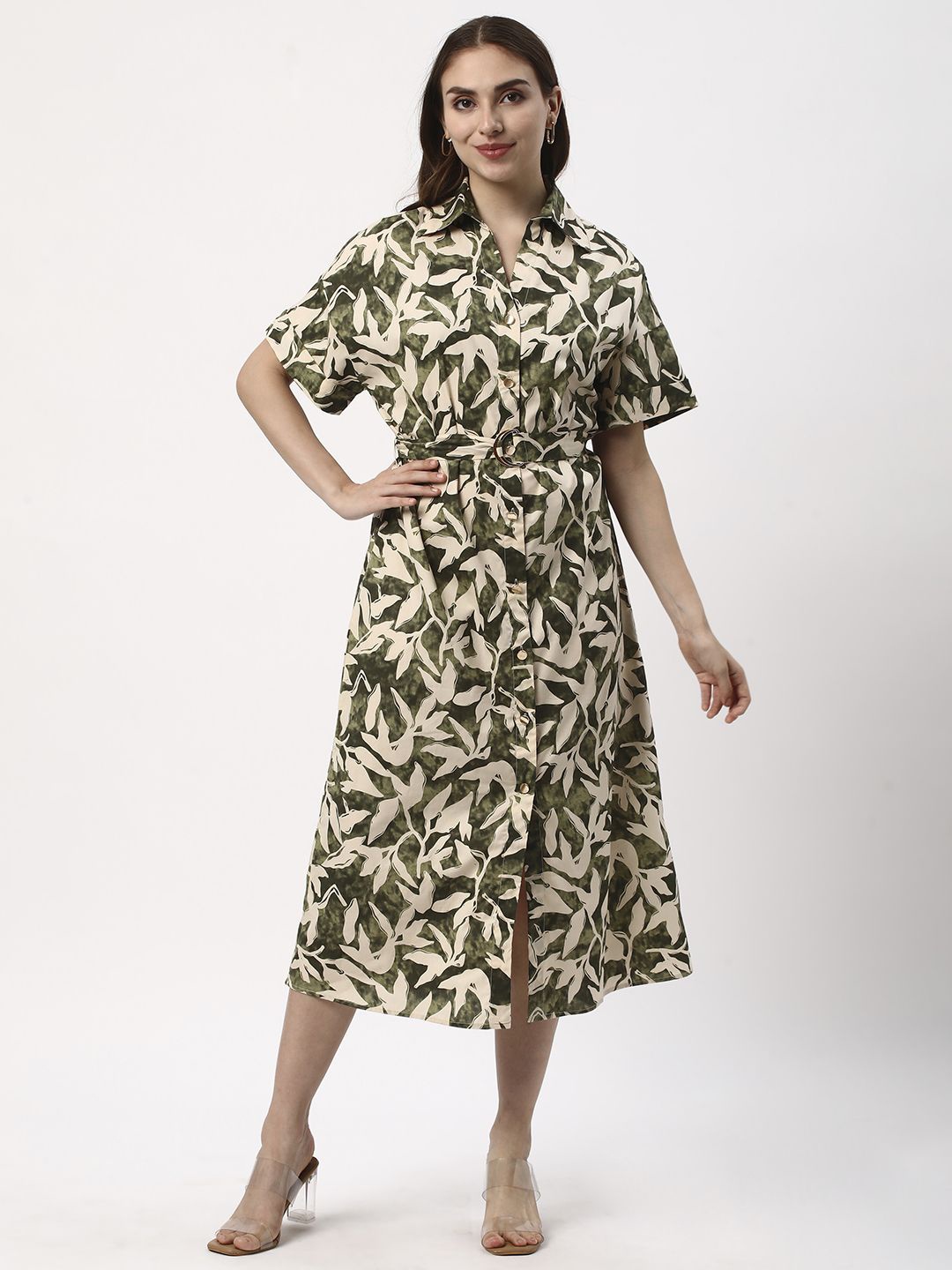 

R&B Print Women Shirt Midi Dress, Olive