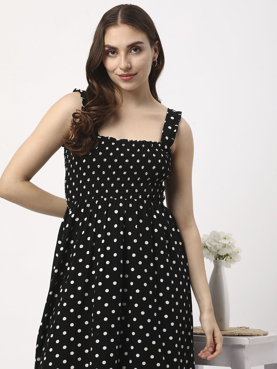 

R&B Polka Dot Printed Square Neck Sleeveless Fit & Flare Midi Dress, Black