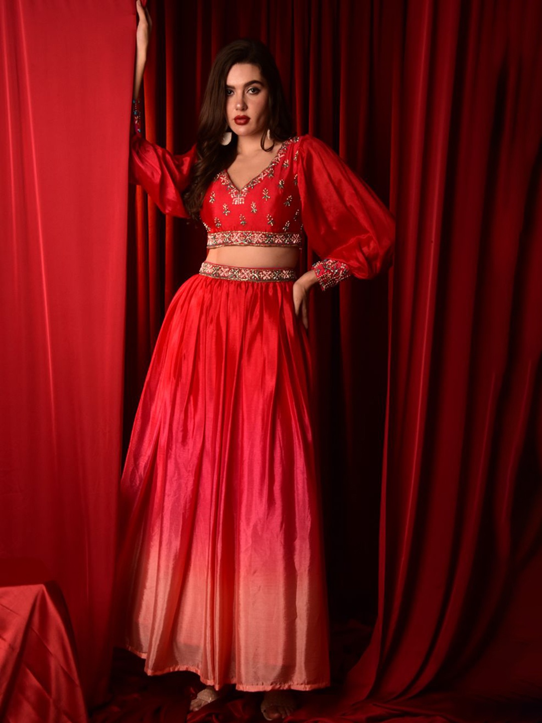 

Laalzari Ombre Dyed V-Neck Bishop Sleeves Crop Top & Skirt, Red