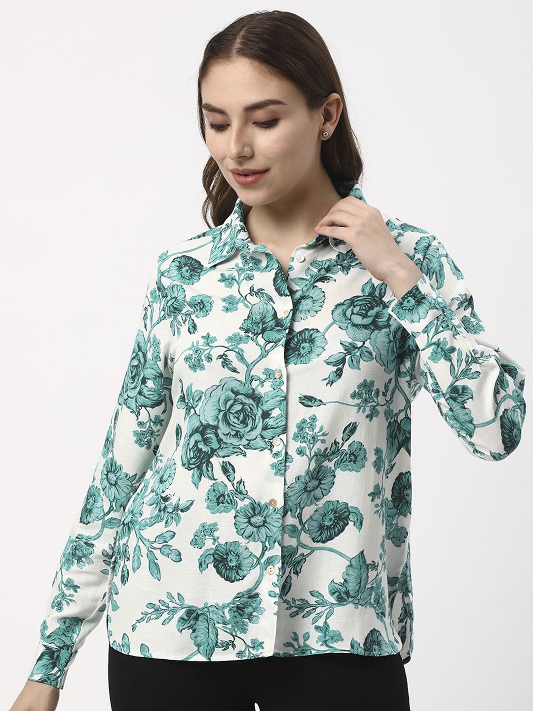 

R&B Floral Print Shirt Style Top, Green