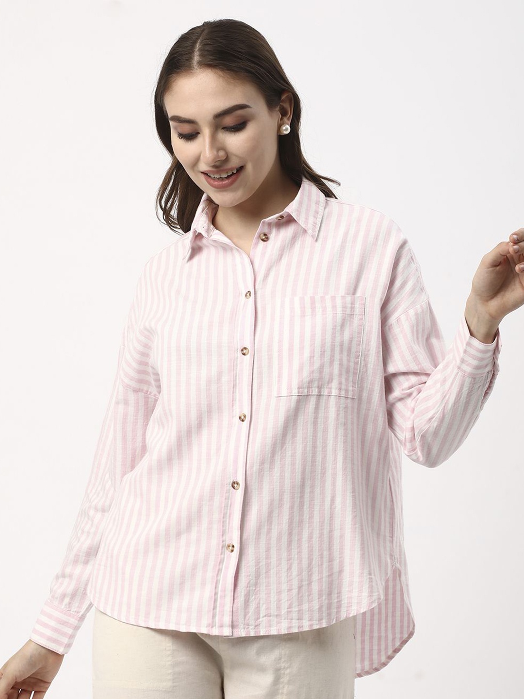 

R&B Women Striped Cuffed Sleeves Shirt Style Top, Pink