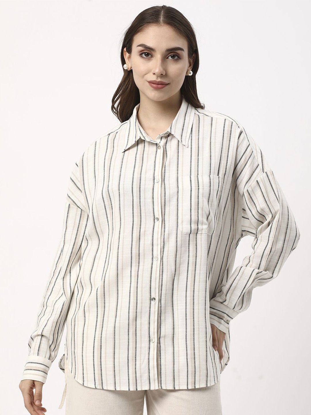 

R&B Striped Mandarin Collar Styled Back Longline Top, White
