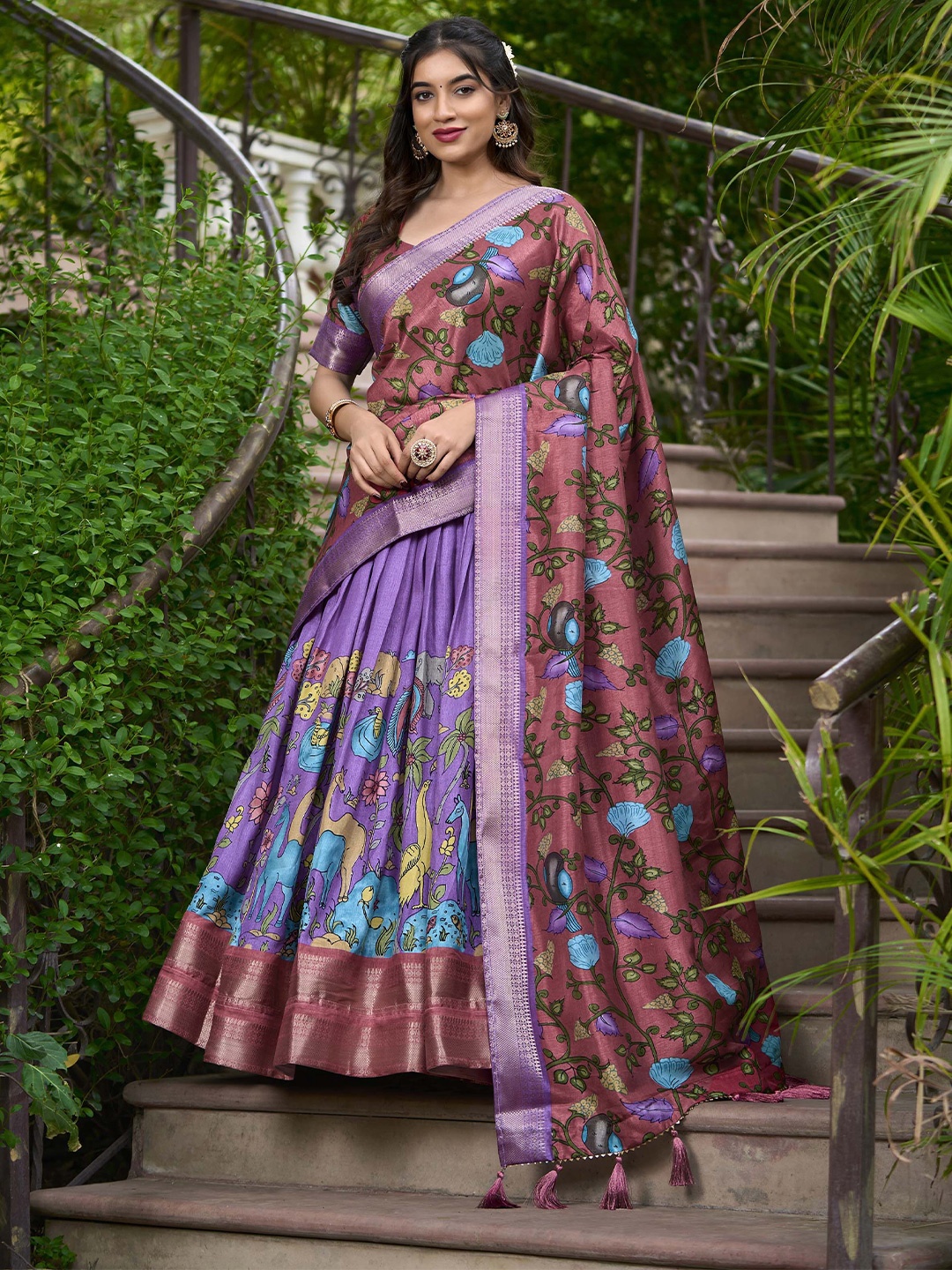 

LOOKNBOOK ART Kalamkari Printed Semi-Stitched Lehenga & Unstitched Blouse With Dupatta, Lavender