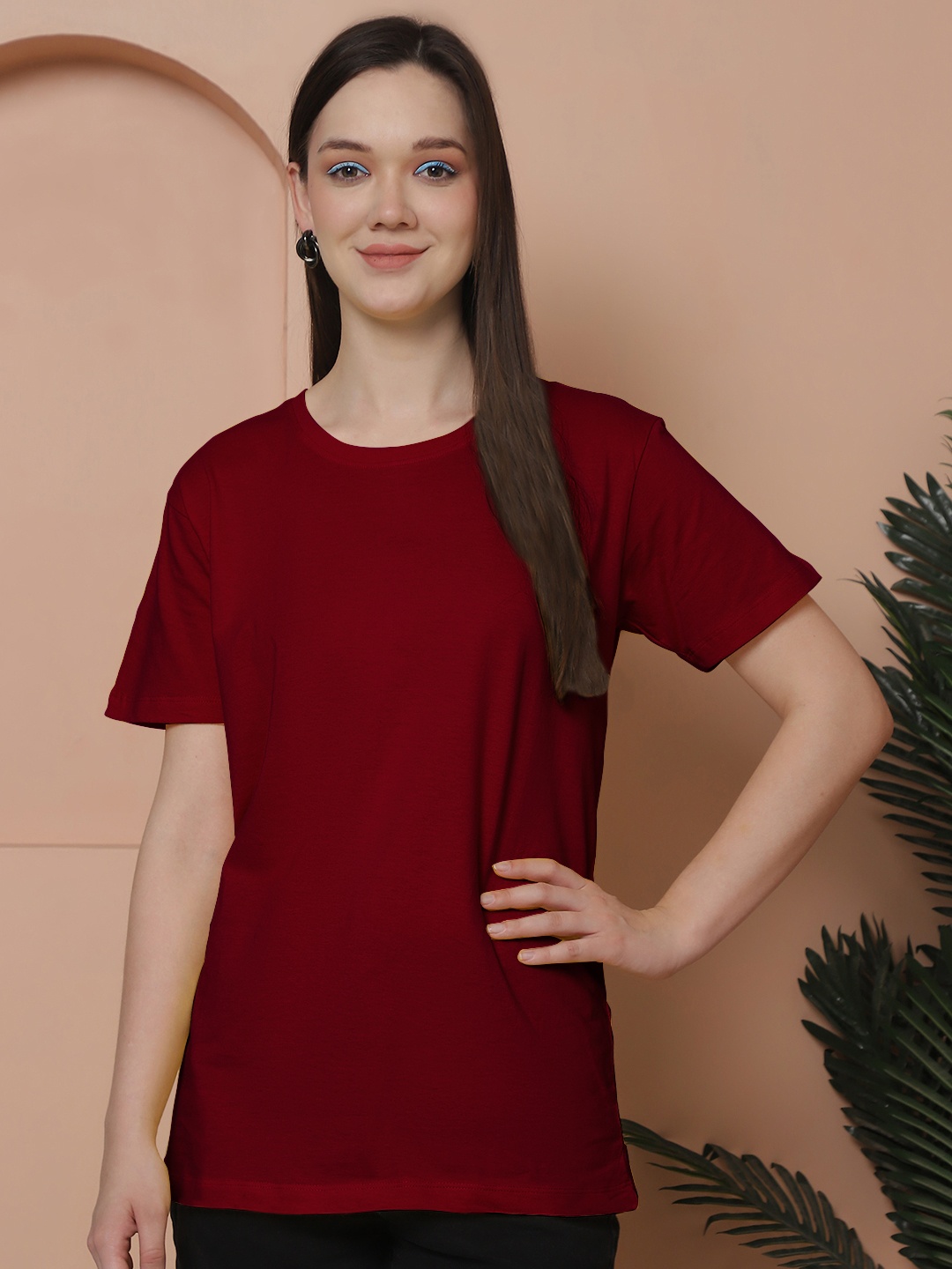 

Friskers Women Solid Round Neck Pure Cotton Oversized T-shirt, Maroon