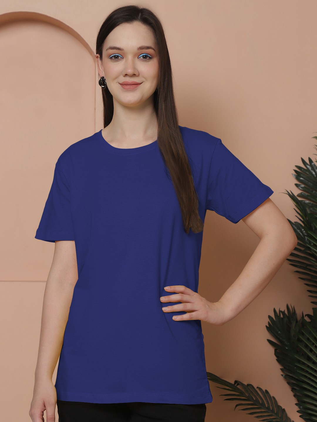 

Friskers Women Solid Round Neck Pure Cotton Oversized T-shirt, Blue