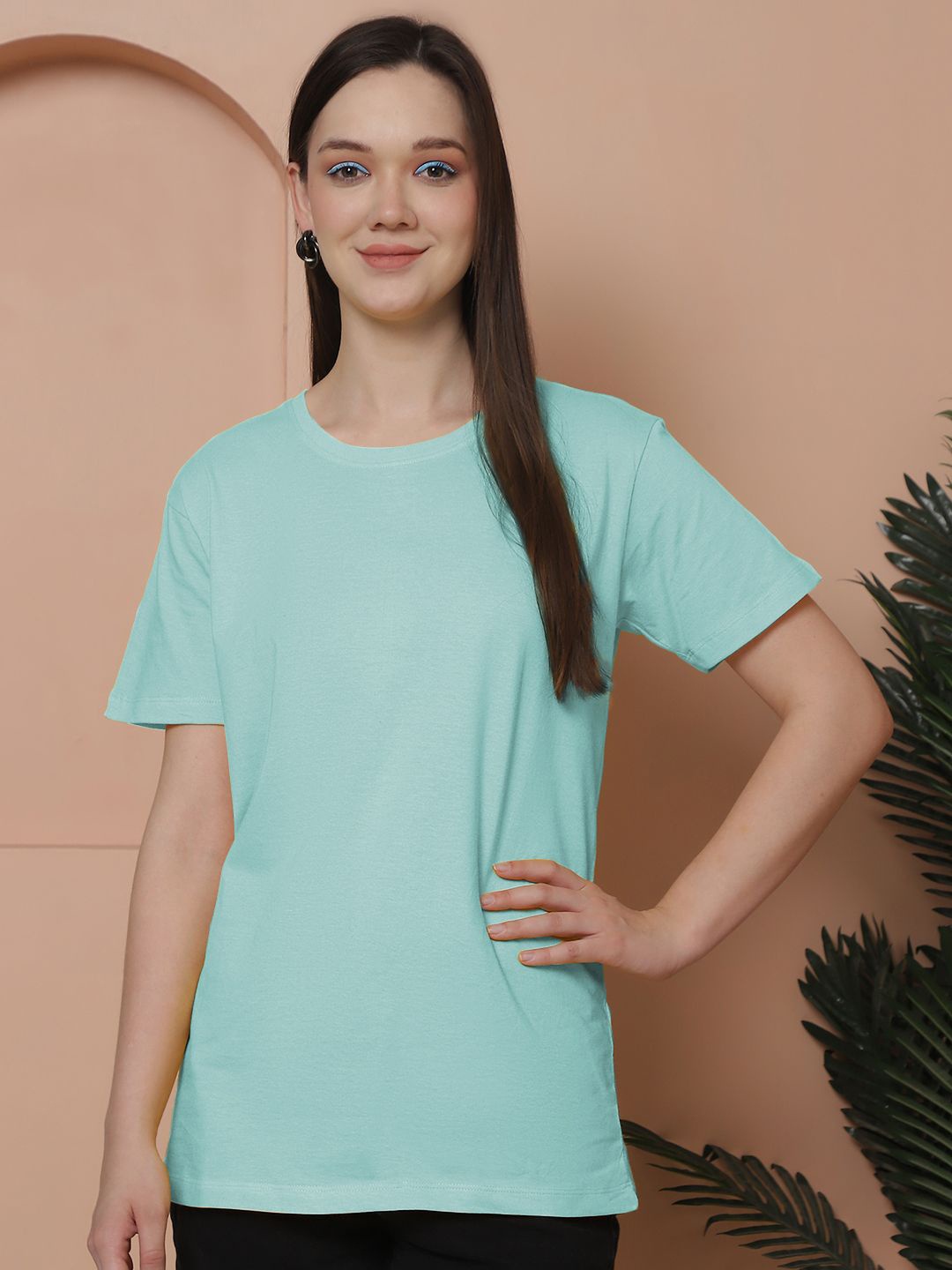 

Friskers Women Solid Round Neck Pure Cotton Oversized T-shirt, Turquoise blue
