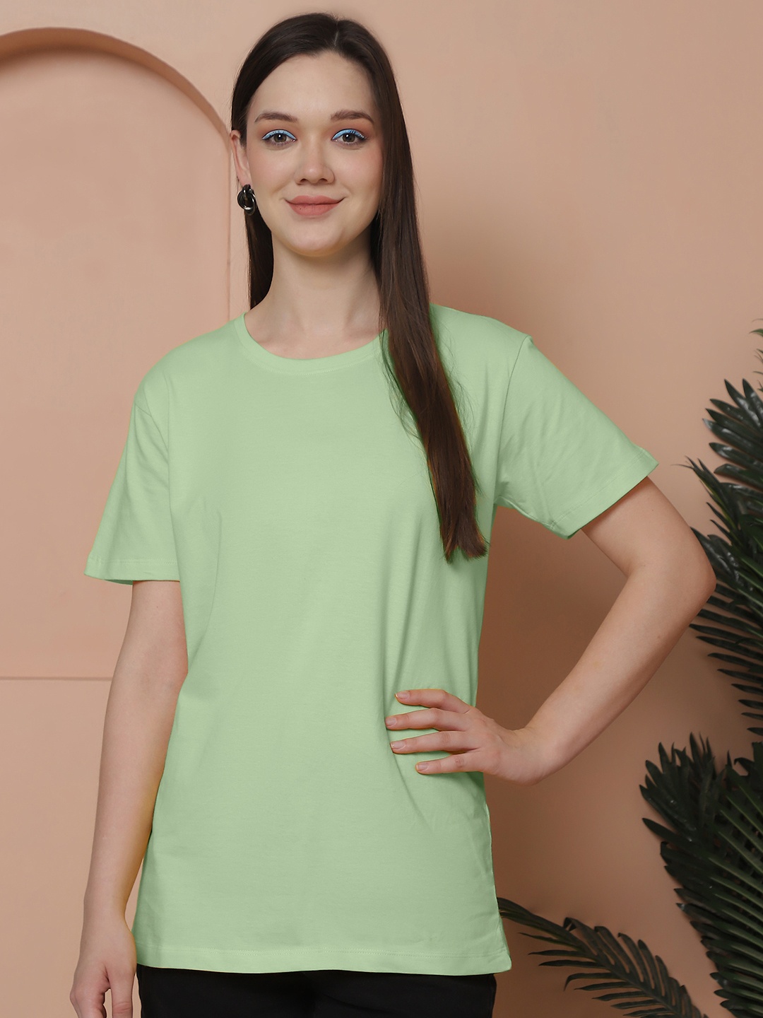 

Friskers Women Solid Round Neck Pure Cotton Oversized T-shirt, Sea green