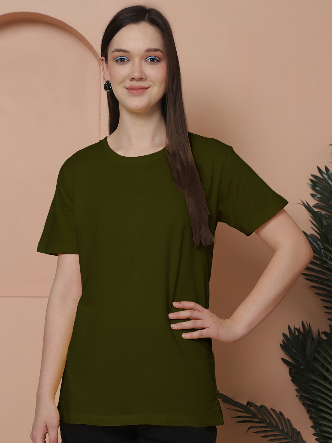 

Friskers Women Solid Round Neck Pure Cotton Oversized T-shirt, Olive