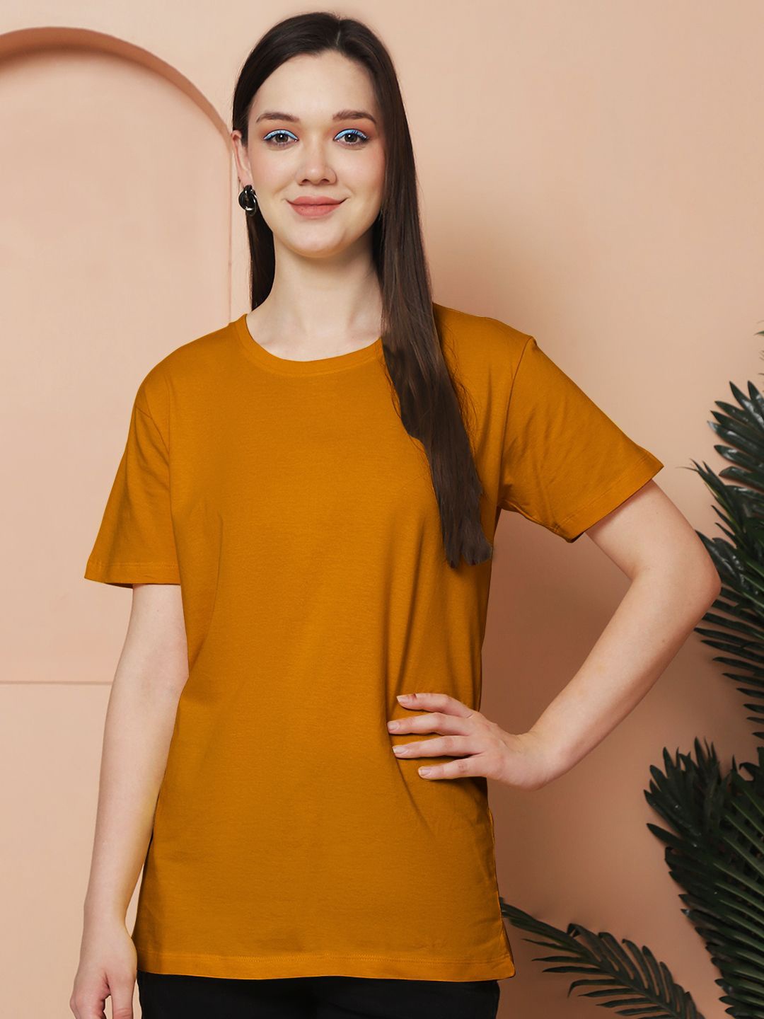 

Friskers Women Solid Round Neck Pure Cotton Oversized T-shirt, Mustard