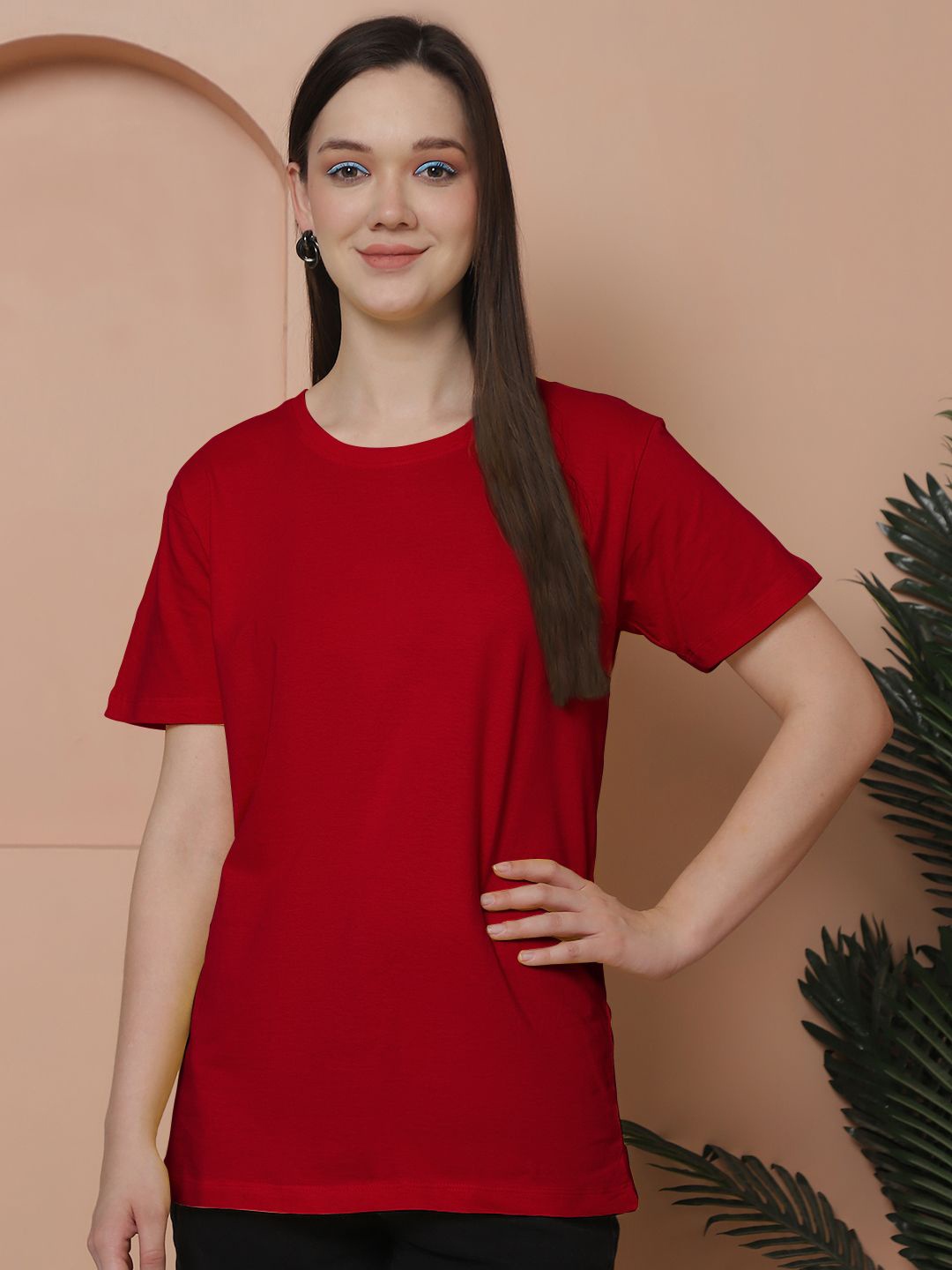 

Friskers Women Solid Round Neck Pure Cotton Oversized T-shirt, Red