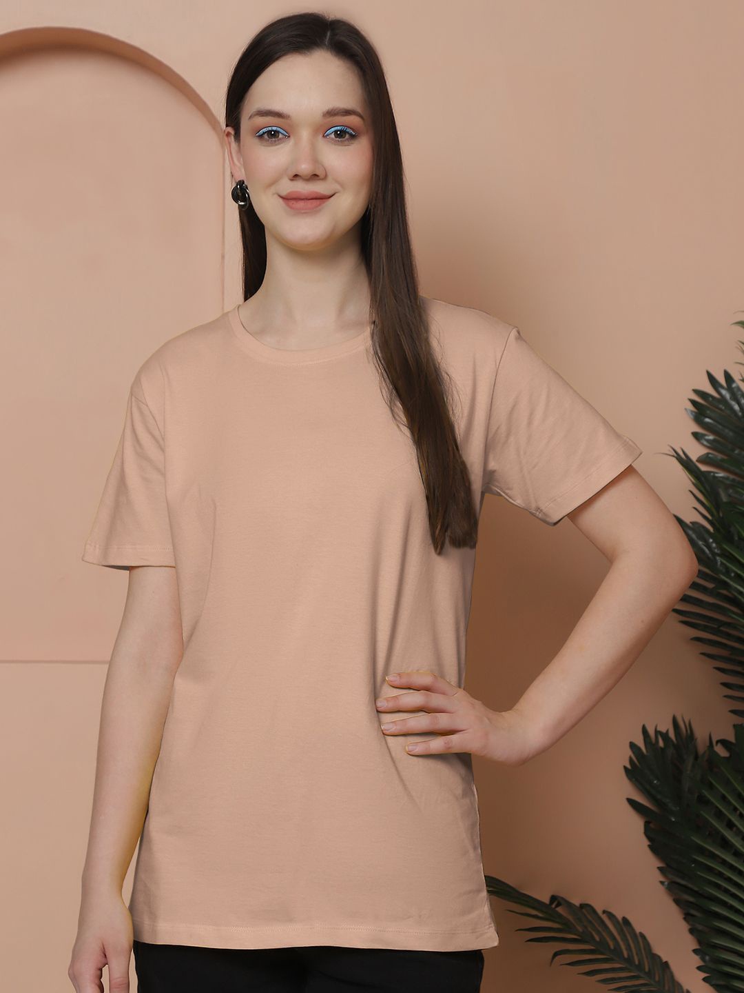 

Friskers Women Solid Round Neck Pure Cotton Oversized T-shirt, Coral