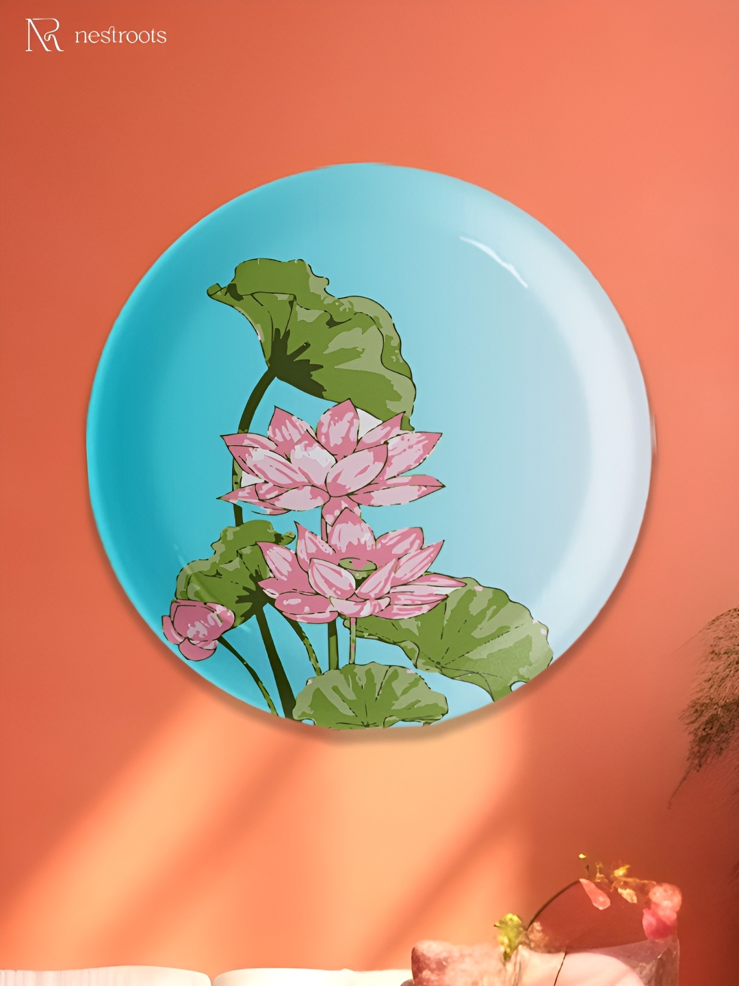 

nestroots Bkue & Pink Pichwai Print Porcelain Wall Plate, Blue