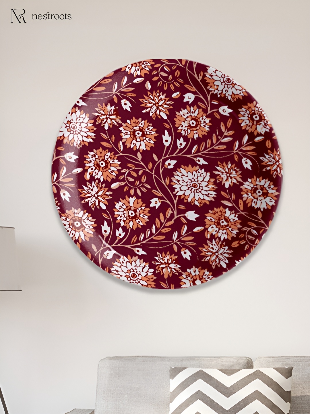 nestroots Red & White Floral Printed Porcelain Wall Plate, Maroon
