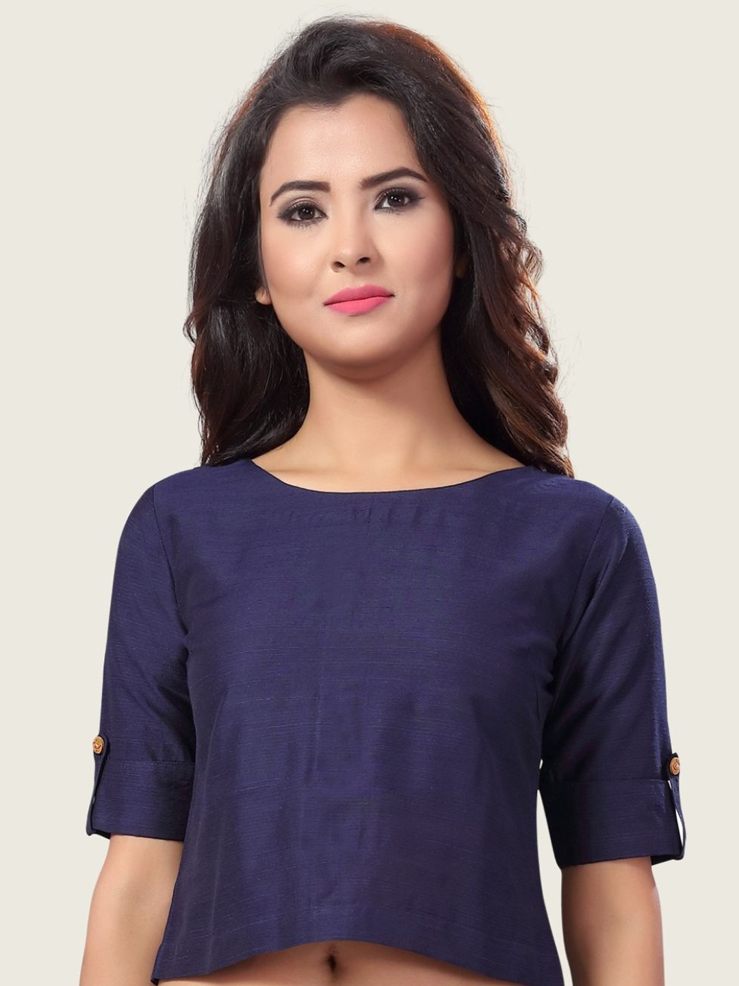 

Studio Shringaar Cotton Boat Neck Short Sleeve Saree Blouse, Navy blue