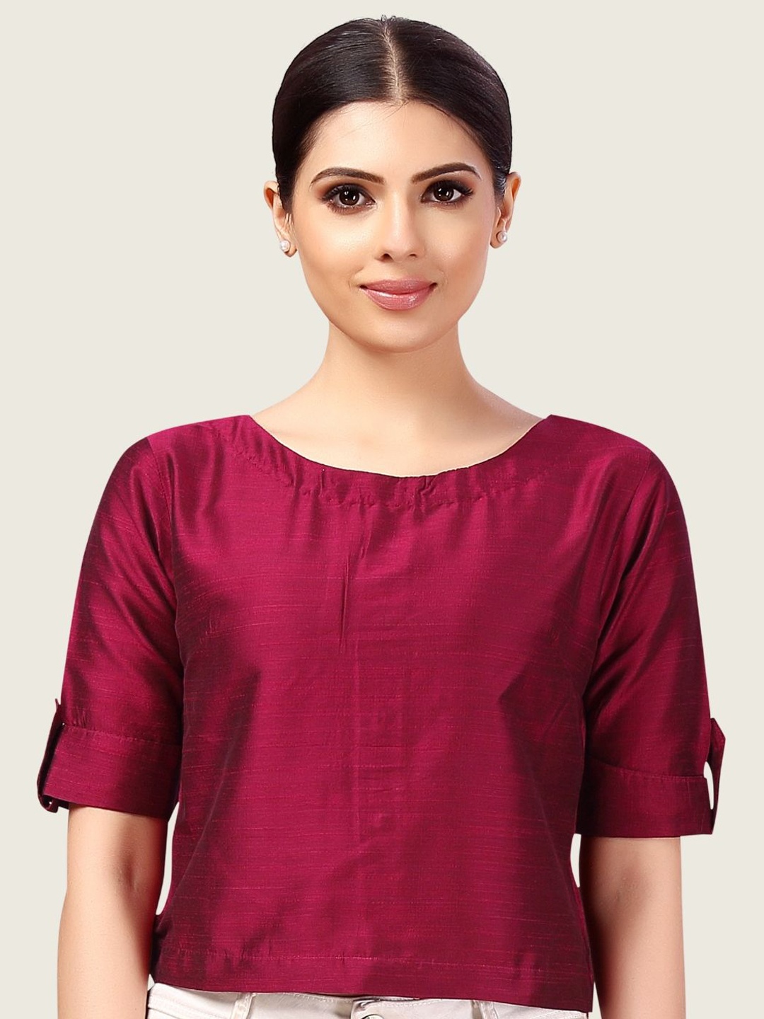 

Studio Shringaar Boat Neck Short Sleeves Cotton Non-Padded Saree Blouse, Red