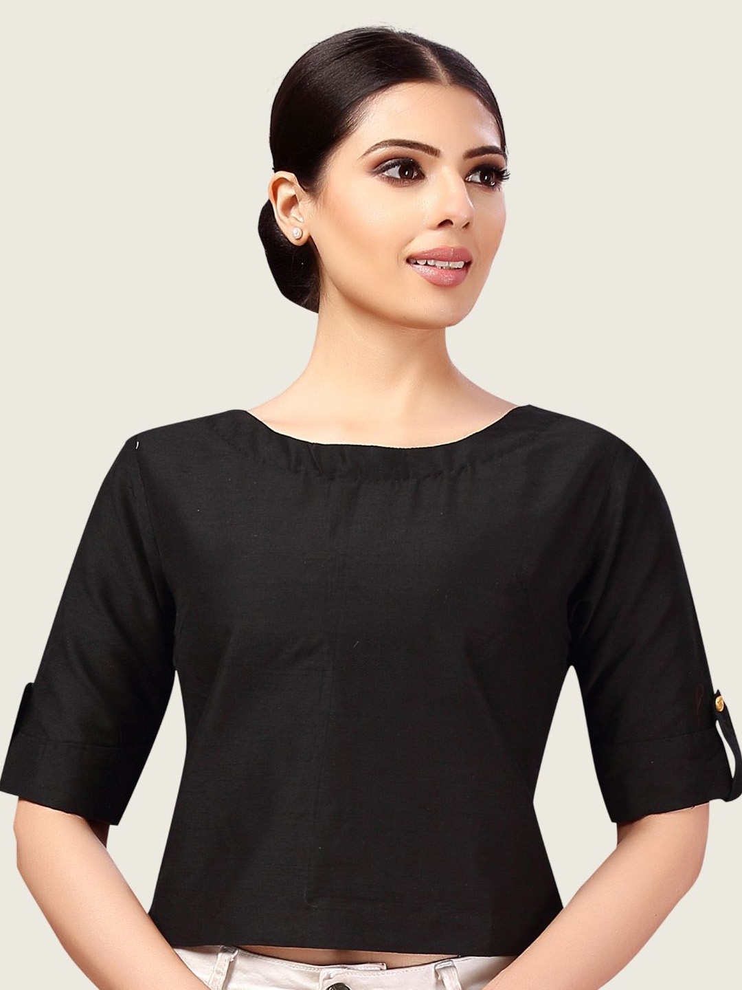 

Studio Shringaar Cotton Boat Neck Short Sleeve Saree Blouse, Black