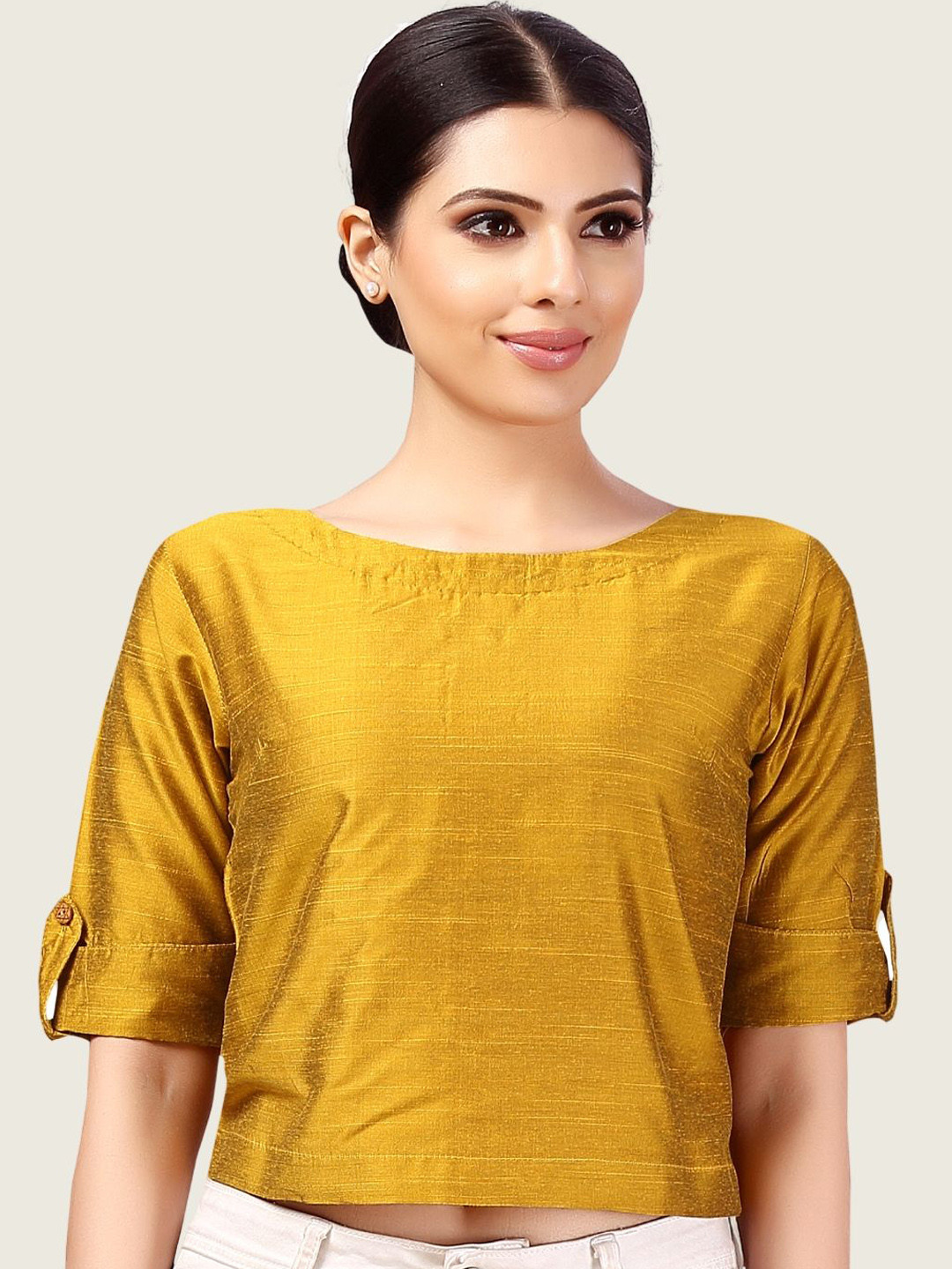 

Studio Shringaar Boat Neck Short Sleeves Cotton Non-Padded Saree Blouse, Yellow