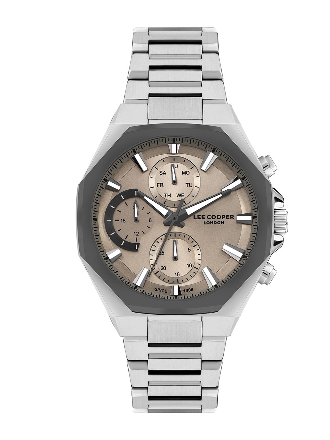 

Lee Cooper Men Brass Printed Dial & Stainless Steel Bracelet Style Straps Digital Multi Function Watch, Silver